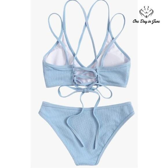 SweatyRocks Ribbed Spaghetti Strap Criss Cross Back Bikini Swimsuit Size S - Picture 2 of 4